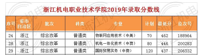 2021浙江机电职业技术学院中外合作办学分数线（含2019-2020历年）