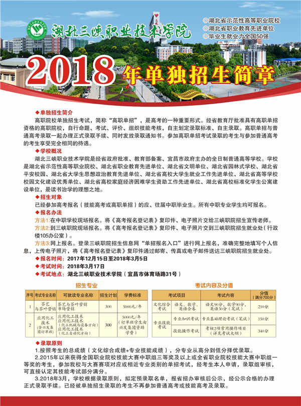湖北三峡职业技术学院2018年单招简章