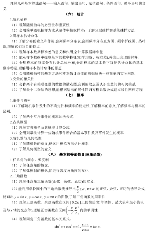 2019湖南高考文科数学考试大纲（完整）