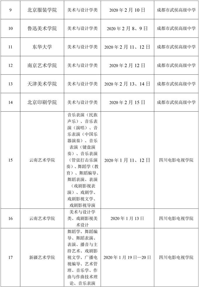 2020年省外高校四川考点校考时间安排