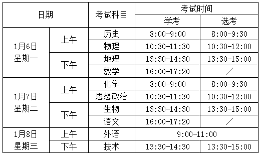 浙江2020年学考选考时间安排