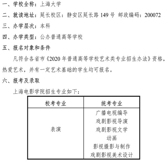 2020上海大学上海电影学院校考招生简章及计划