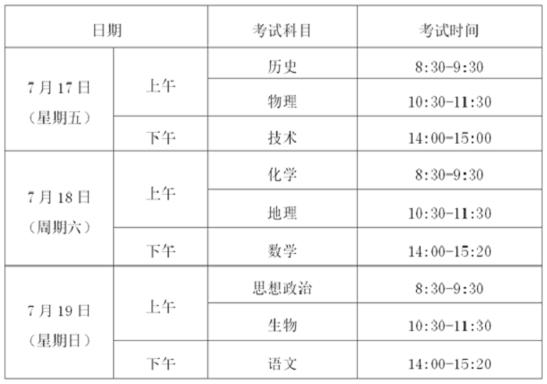 浙江省2020年普通高中学业水平考试时间安排表