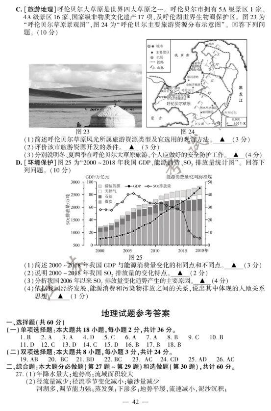 2020江苏高考地理试题及答案
