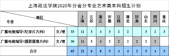 上海政法学院2020招生计划及招生专业人数
