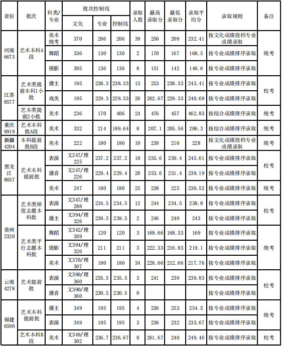 武汉设计工程学院2020艺术类各省各专业录取分数线及录取人数