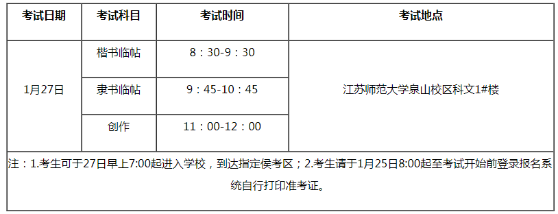 江苏师范大学2021年书法学专业校考时间