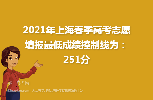 2021年上海春季高考志愿填报最低成绩控制线为：251分