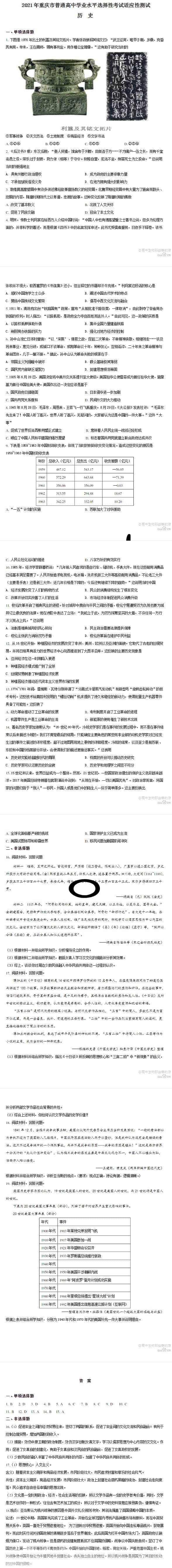 2021重庆八省联考历史试题