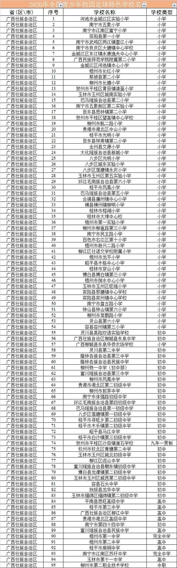 2021年广西青少年校园足球特色学校名单