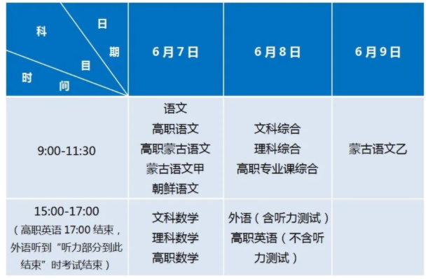 内蒙古2021年高考时间：6月7日至6月9日