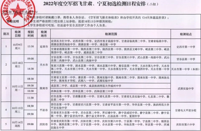 2022甘肃空军招飞初选时间安排公布