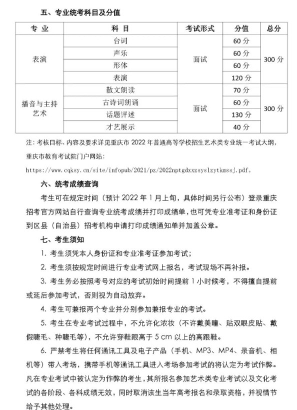2022年重庆市普通高等学校招生影视类专业统考简章