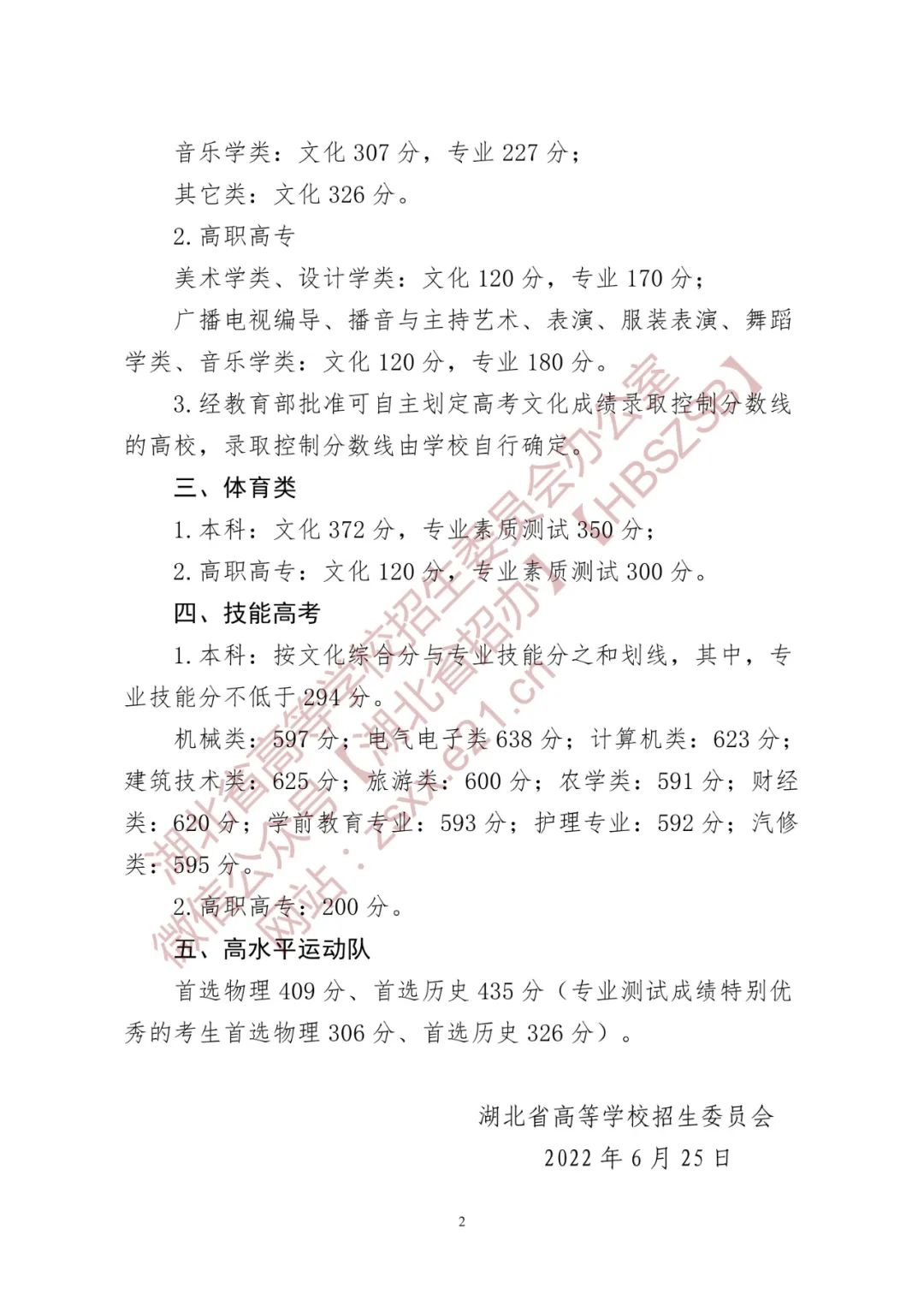湖北省2022年普通高校招生录取控制分数线