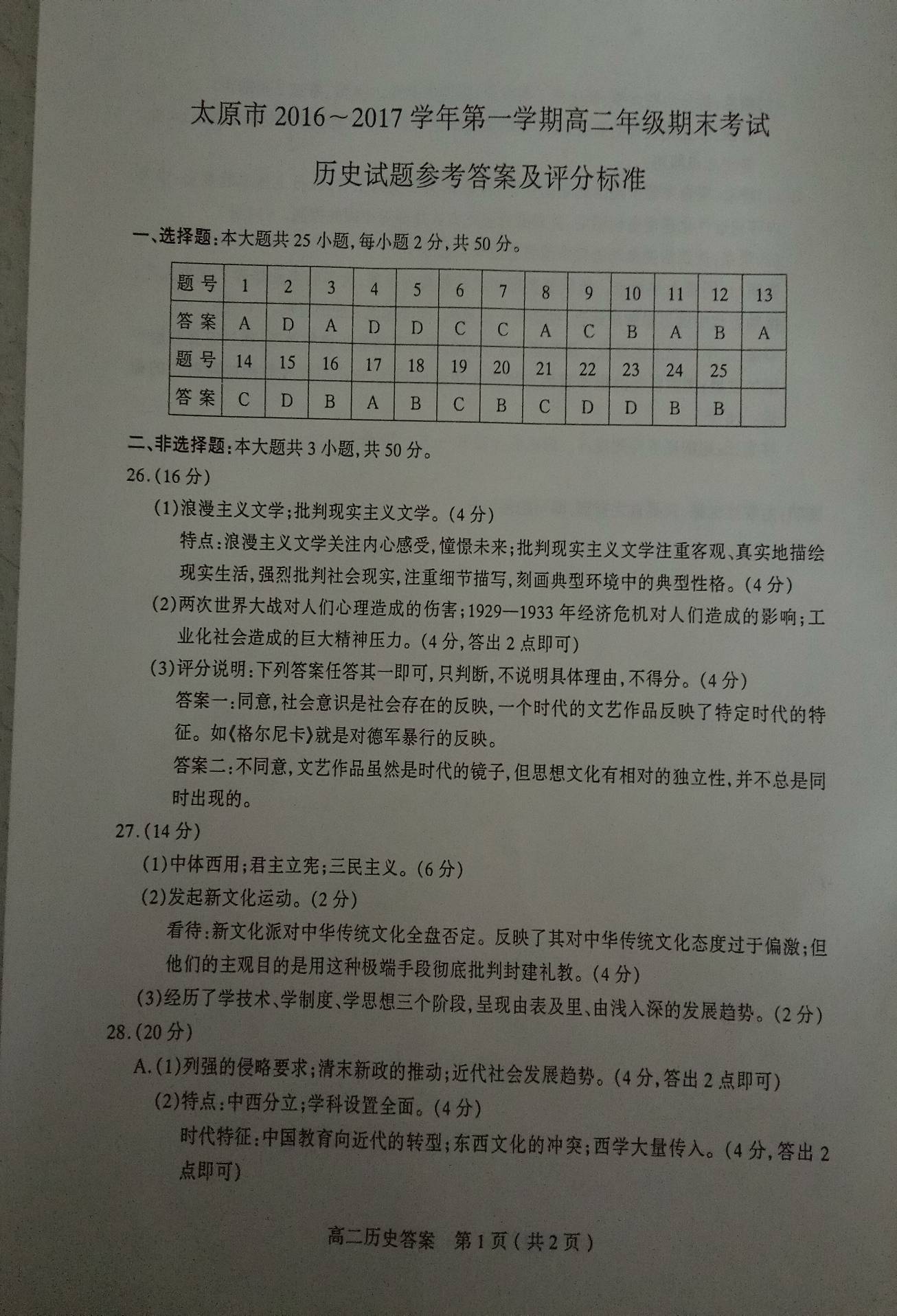 山西省太原市2016-2017学年高二上学期期末考试历史试卷