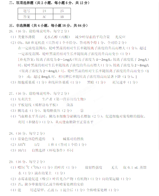 广东省广州市2015届普通高中毕业班综合测试（一）生物试卷